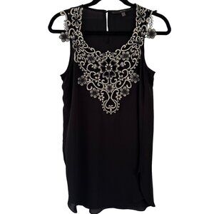 fun 2 fun Embroidered Sleeveless Black Cream Top Floral Applique Size Small